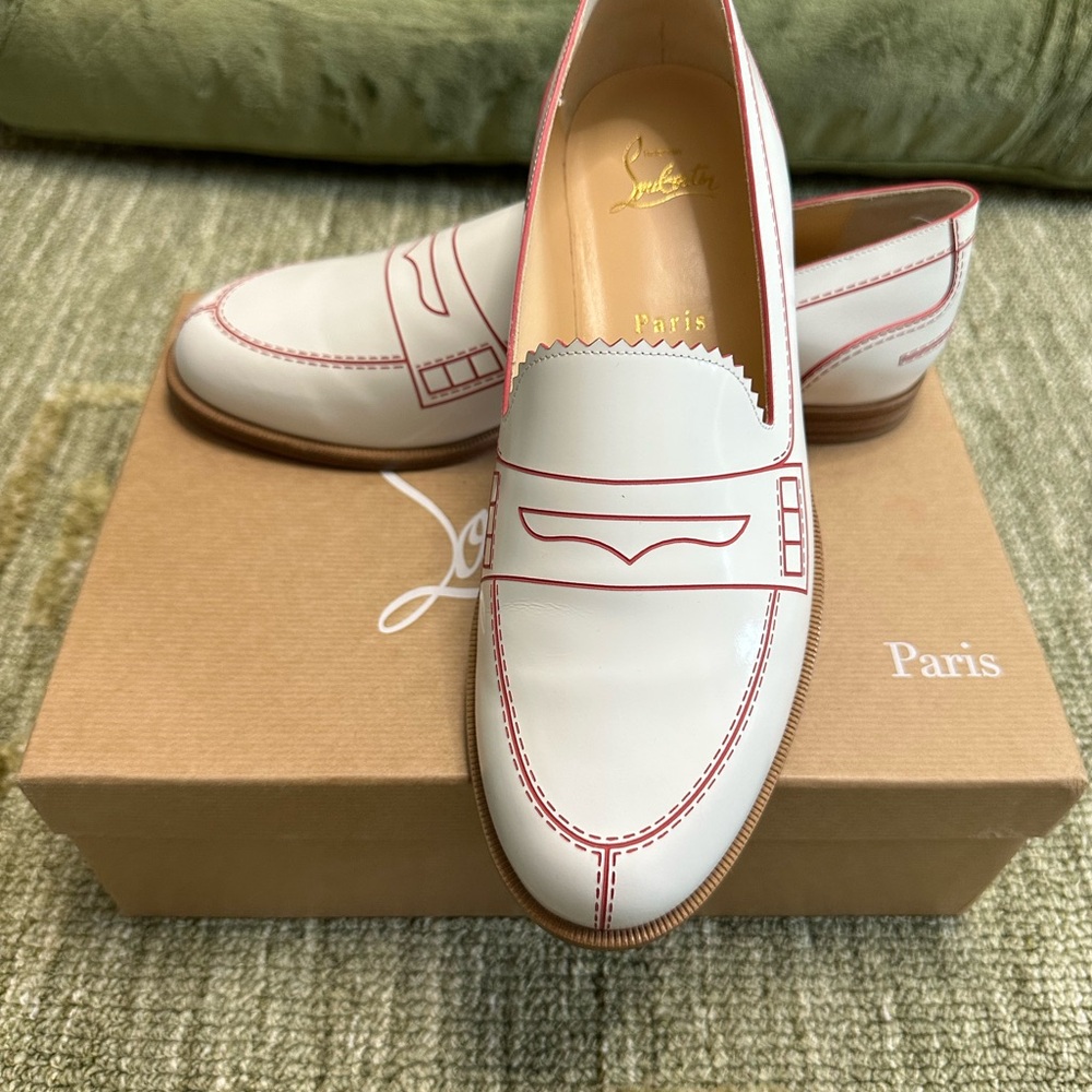 NEW Christian Louboutin White Loafers with Red Trim - Picture 8 of 10
